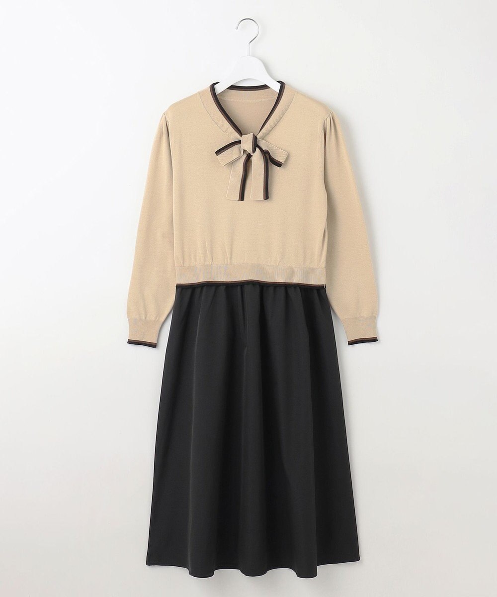 Feroux 【洗える】ニットドッキング ボウタイワンピース 
