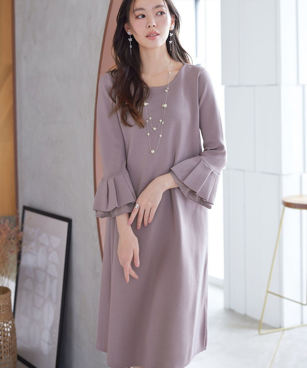 Tiaclasse シフォンフレア袖スポンジニットワンピース 