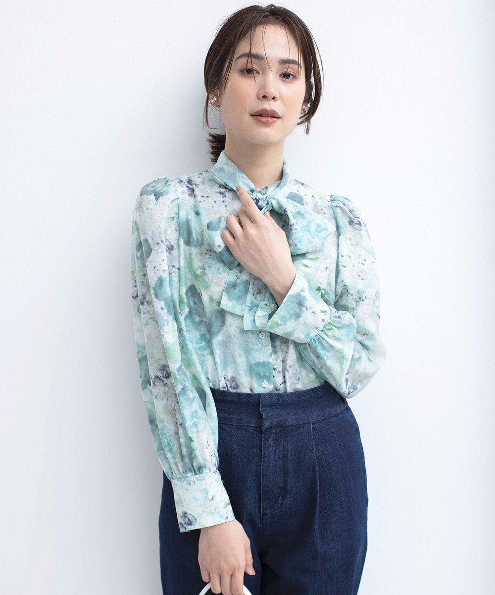 組曲 【前後着用可】ピオニーシフォンプリント ボウタイブラウス 