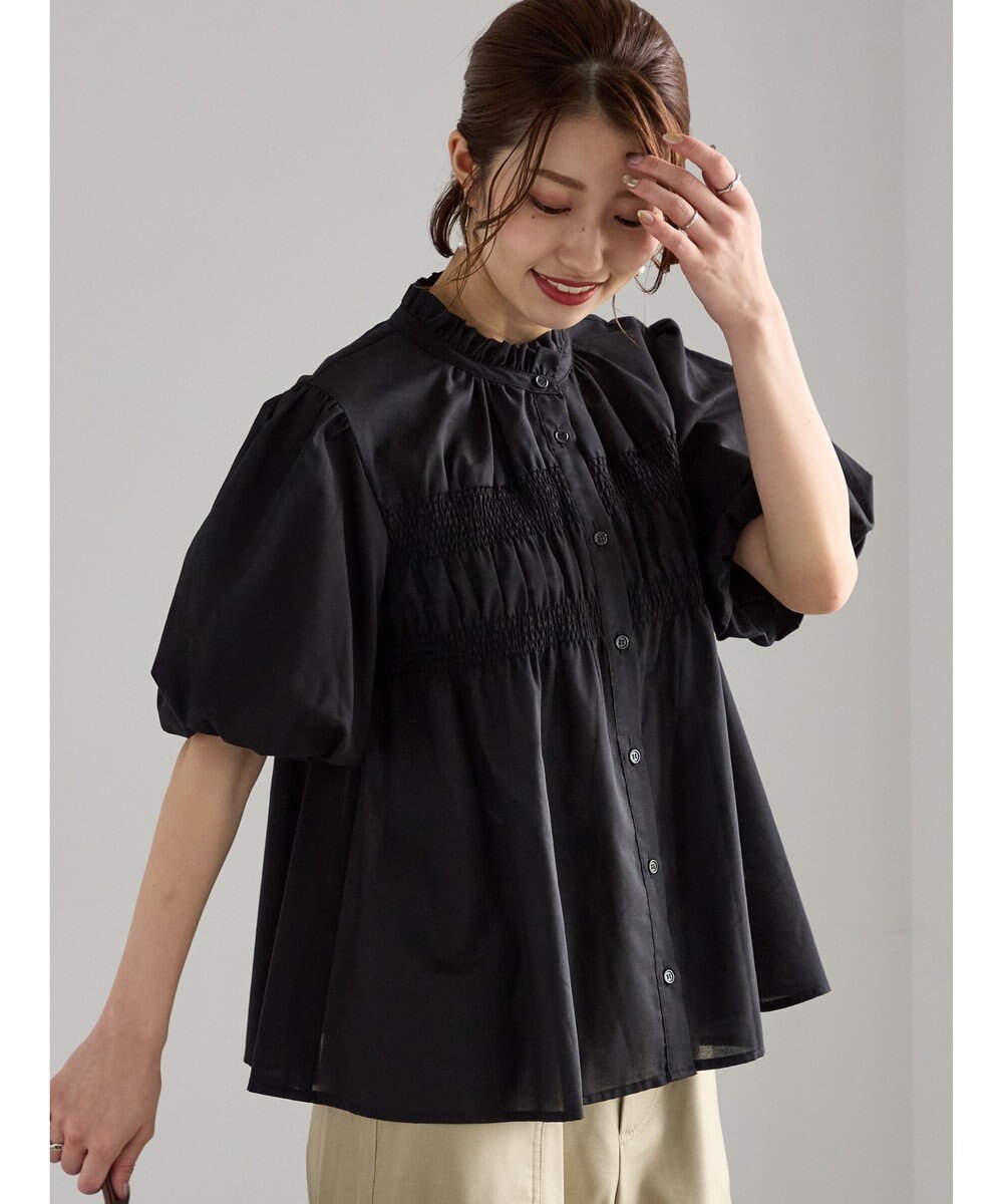 Te chichi スタンドフリル5分袖シャーリングブラウス 