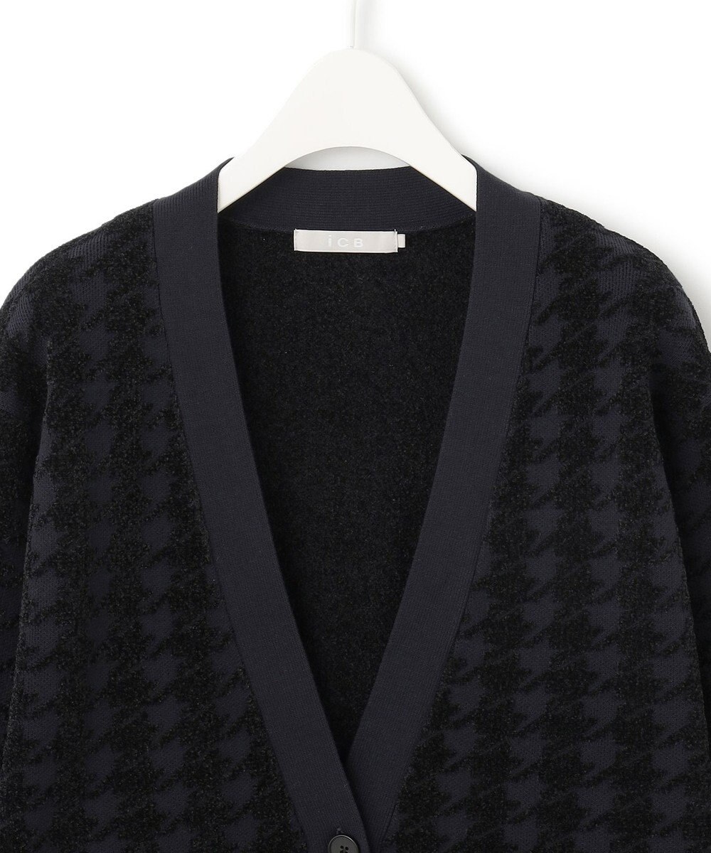 ICB L 【洗える】ハウンドトゥースパターン Vネックカーディガン 