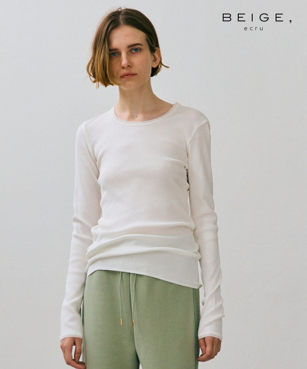 BEIGE， 【WEB限定・洗える】RIB TOPS /  コットンシルクロングスリーブトップス White