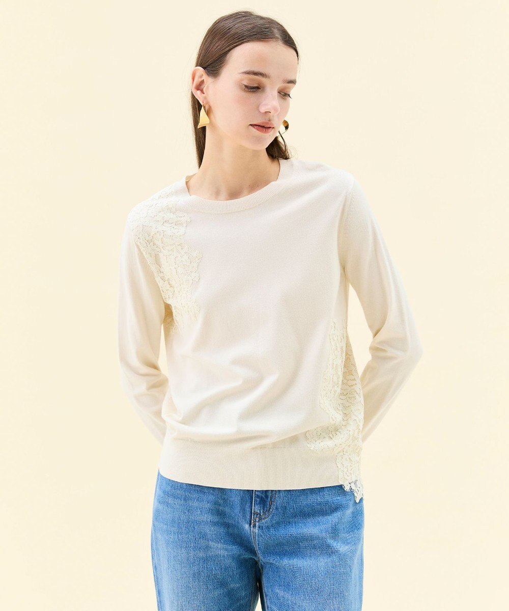 BEIGE， 【ご好評により新色追加！洗える】WILLOW / アシンメトリーレースクルーネックニット 