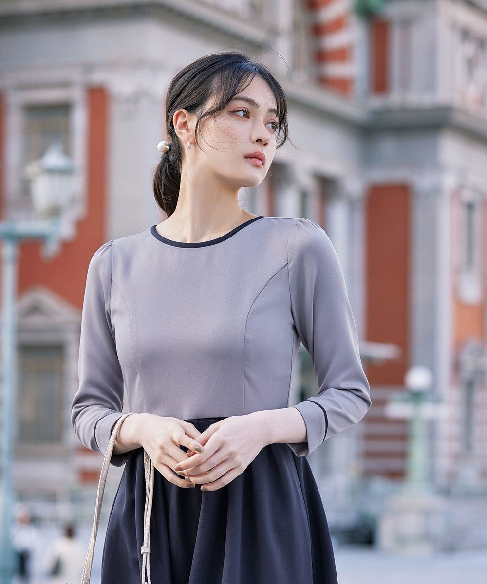 Tiaclasse L 【洗える】バックルベルト付き配色フレアワンピース 