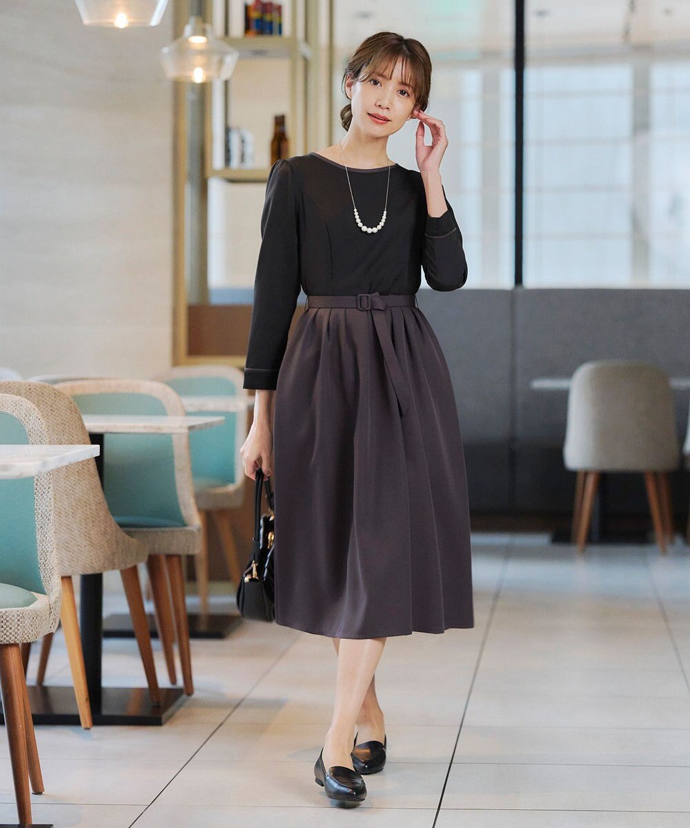 Tiaclasse L 【洗える】バックルベルト付き配色フレアワンピース 