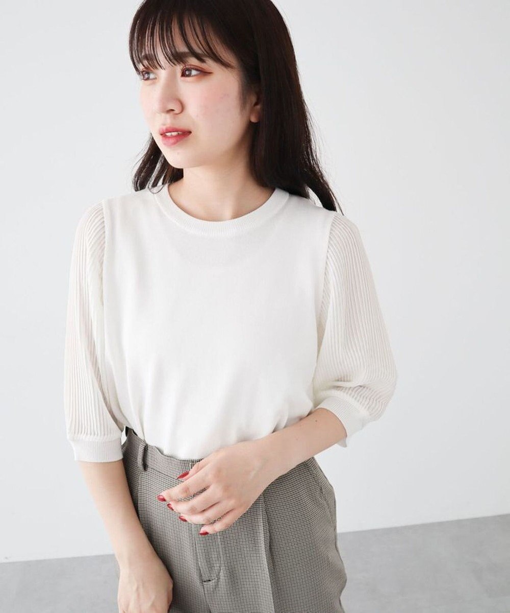 Green Parks 袖プリーツドッキング５分袖ニットプルオーバー 