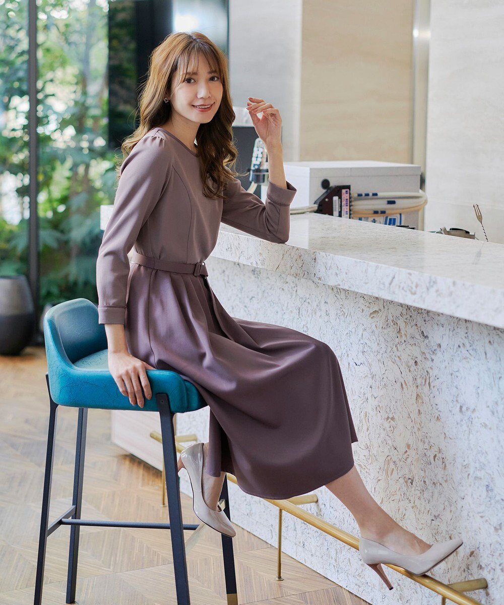 Tiaclasse L 【洗える】バックルベルト付き配色フレアワンピース 