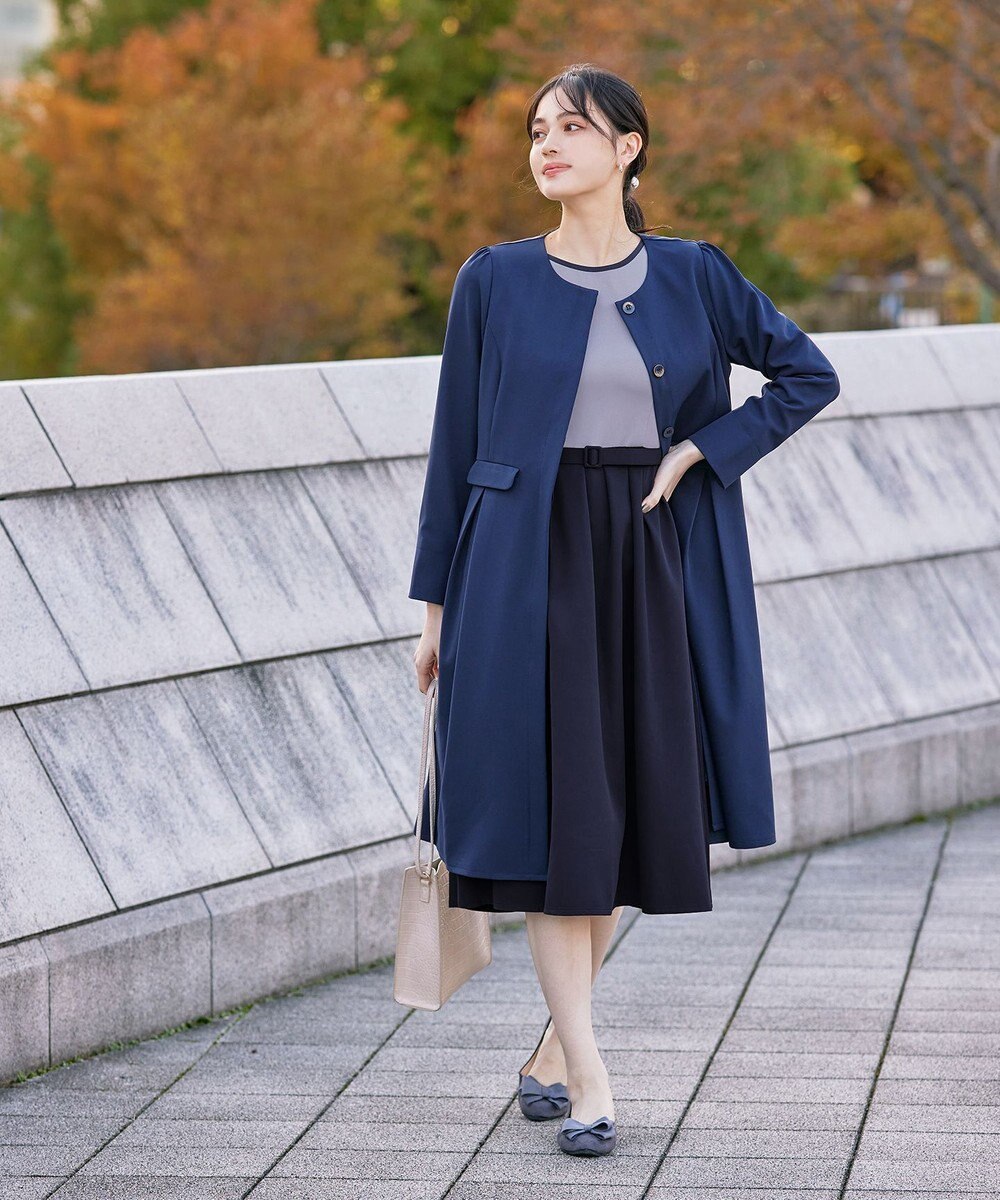 Tiaclasse L 【洗える】バックルベルト付き配色フレアワンピース 