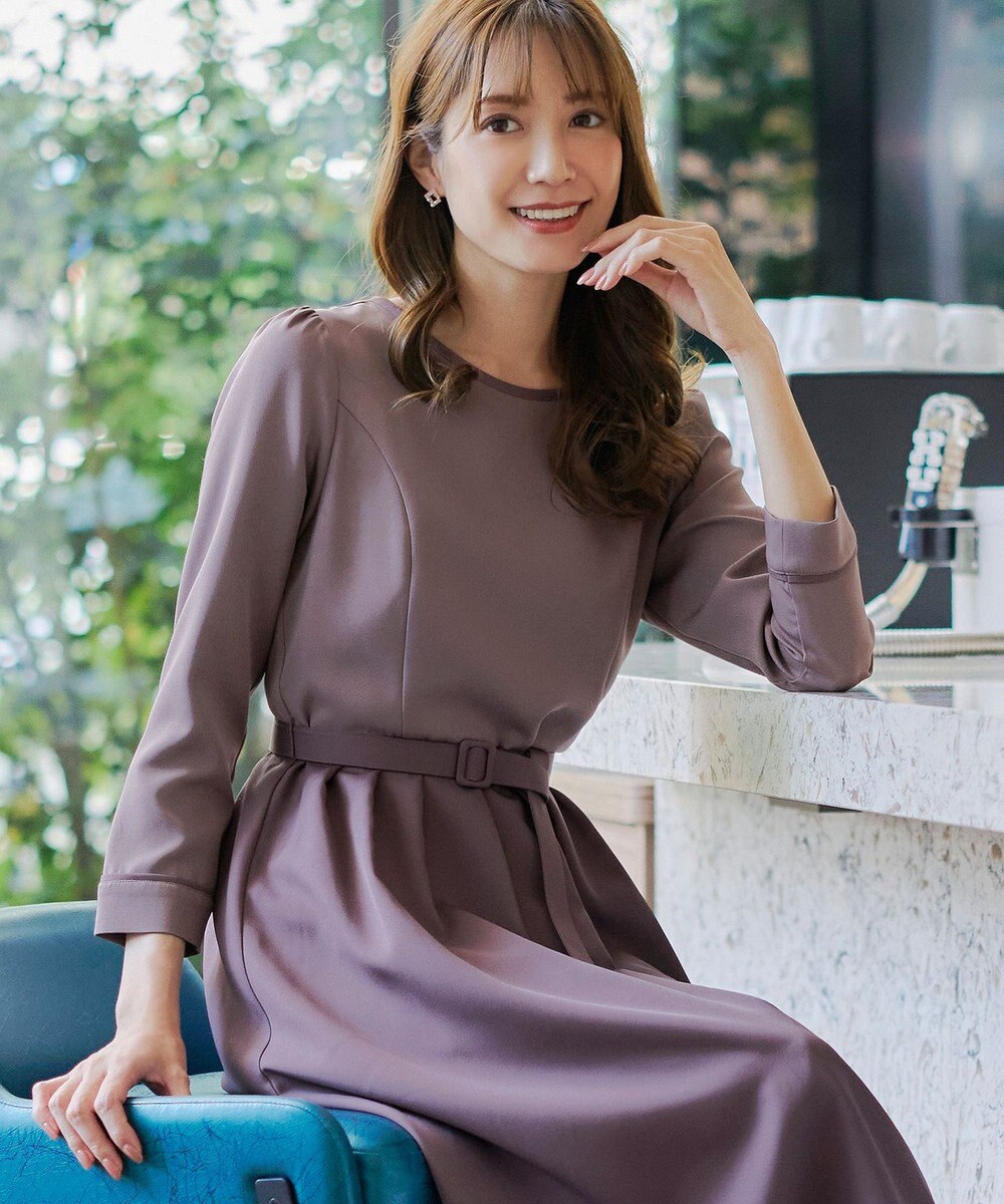 Tiaclasse L 【洗える】バックルベルト付き配色フレアワンピース 