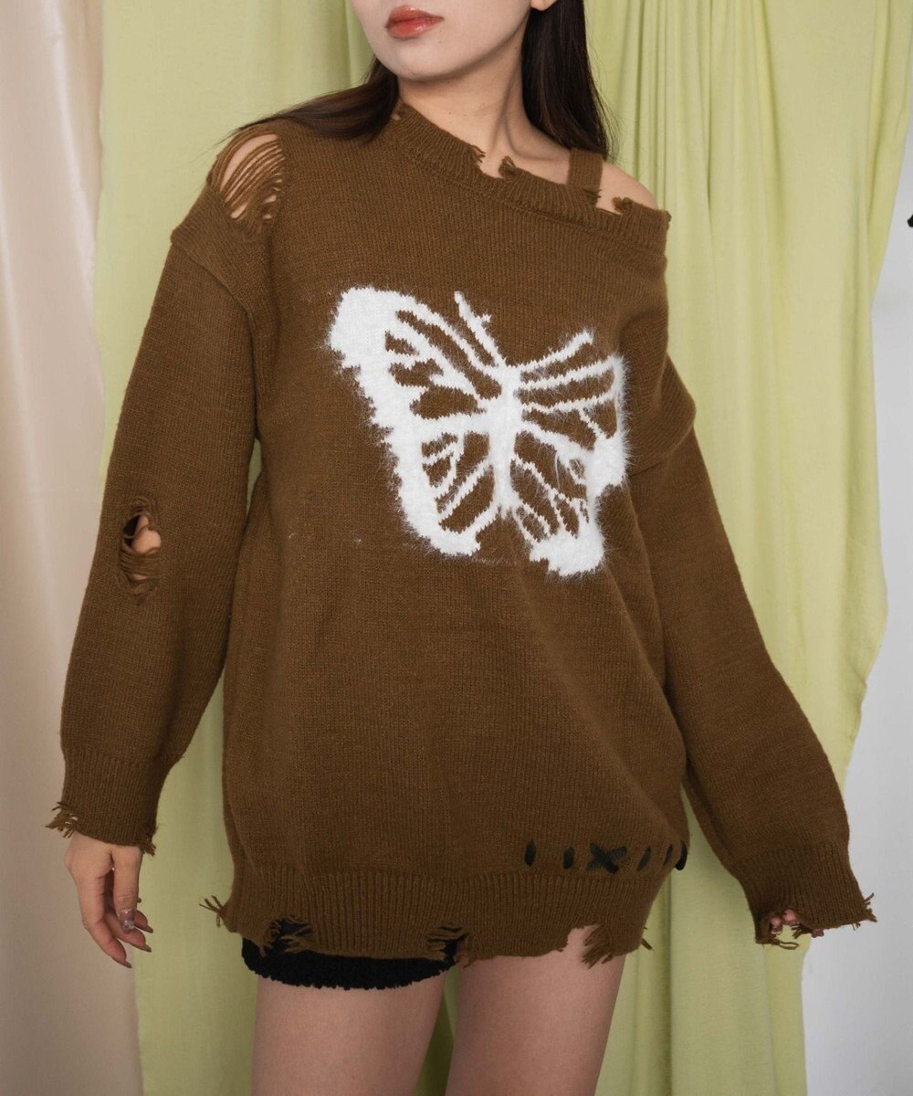 WEGO バタフライダメージワンショルダーニット 