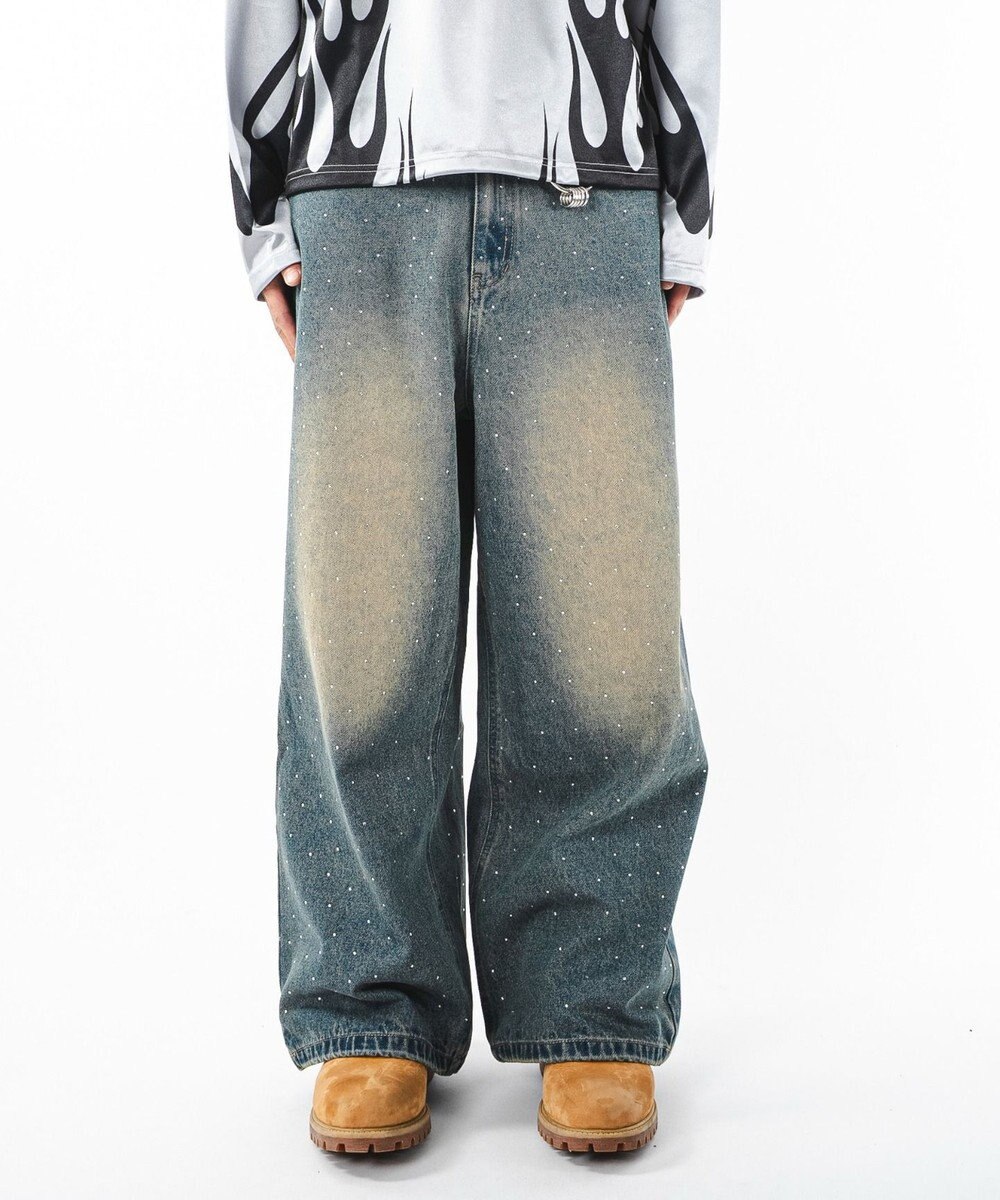 WEGO 【ユニセックス着用ITEM】スーパーバギーラインストーンデニムパンツ 