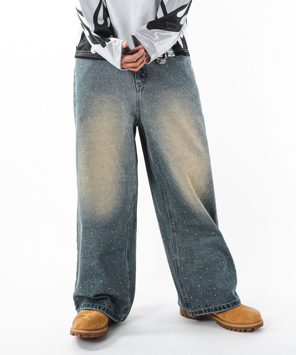 WEGO 【ユニセックス着用ITEM】スーパーバギーラインストーンデニムパンツ 