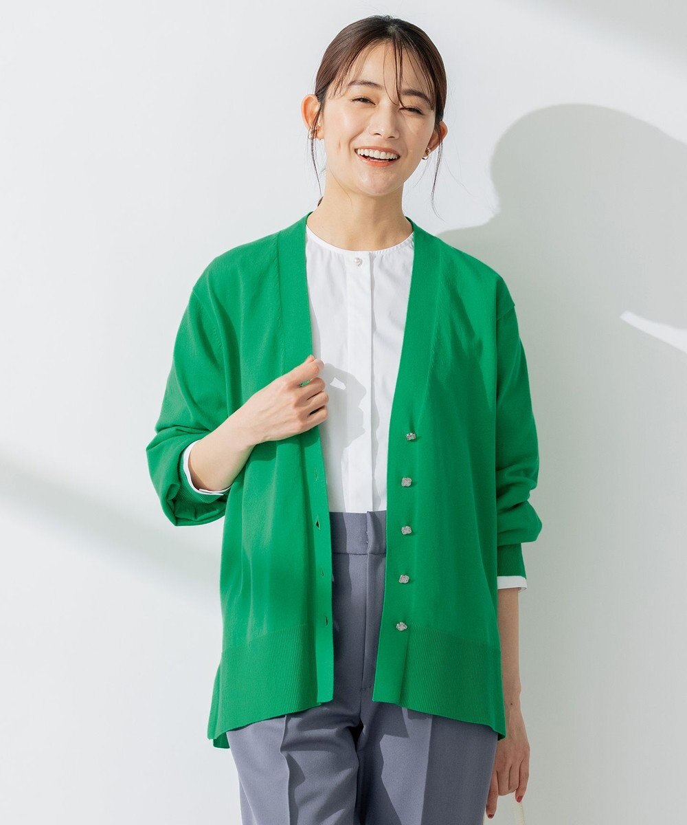 組曲 【ビジューボタン・アンサンブル対応】ハイゲージ ロングVネックカーディガン 