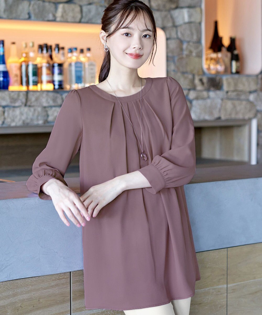 Tiaclasse L 【新色追加・洗える】裏起毛ジョーゼット胸元タックチュニックブラウス 