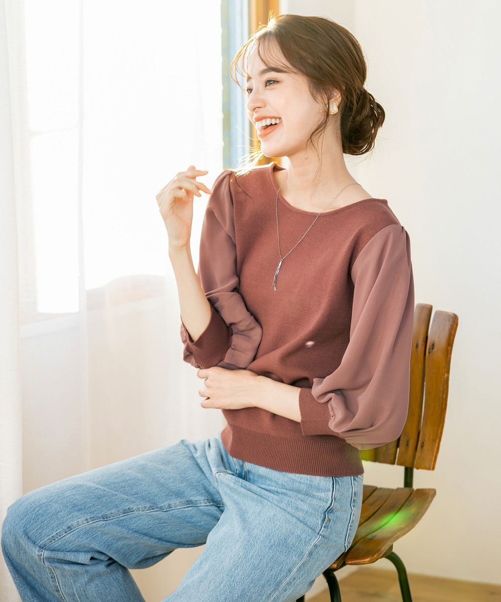 Tiaclasse 【新色追加・洗える】異素材パフ袖トップス 