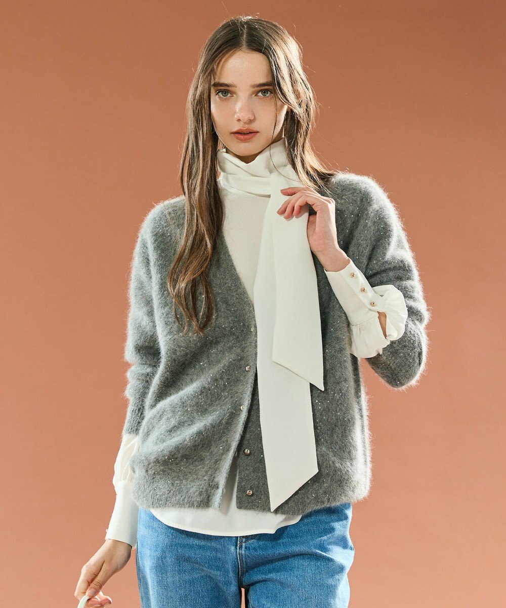 BEIGE， AMARILLO / スパンコールフォックスニットカーディガン 