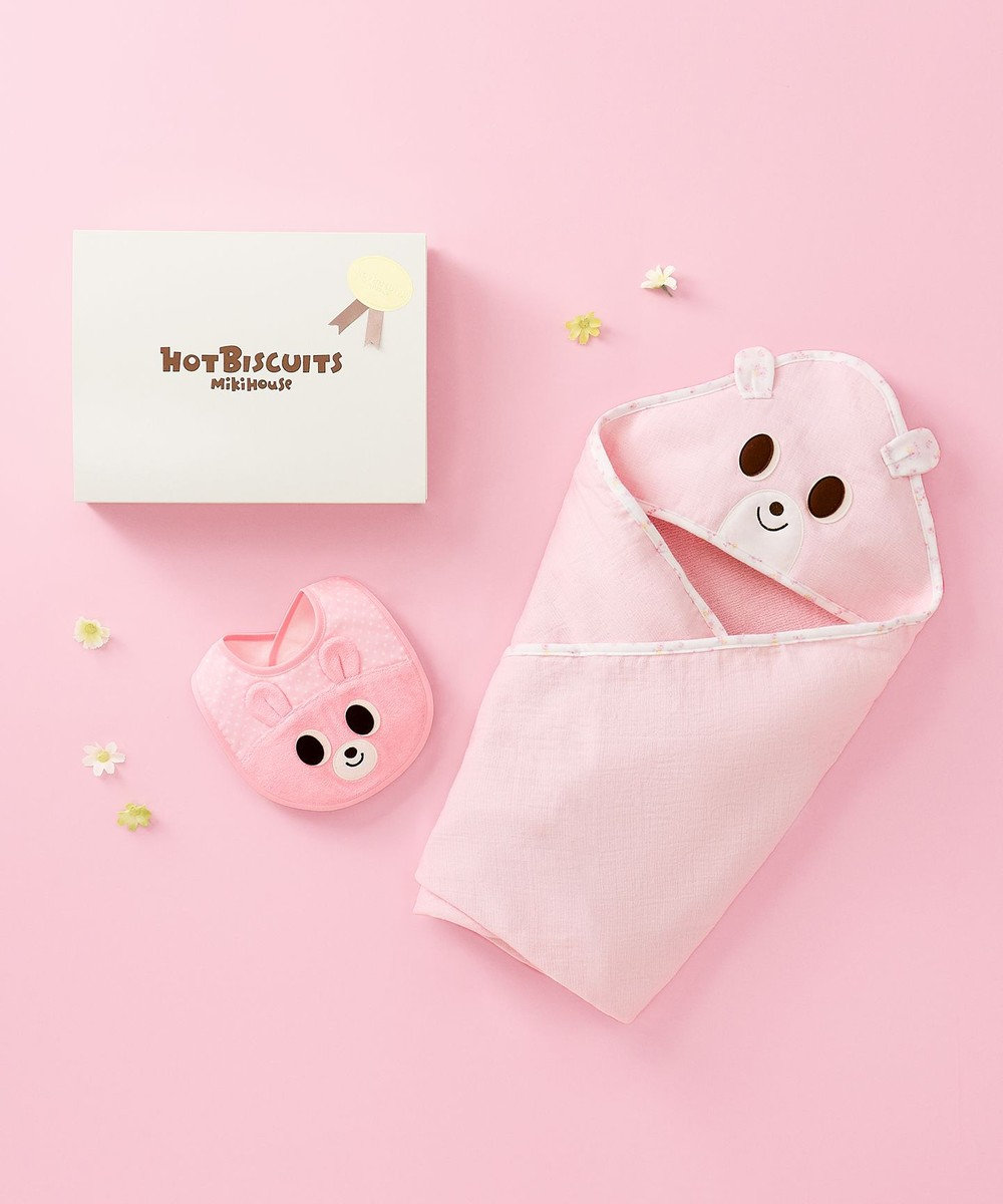 MIKI HOUSE HOT BISCUITS ベビーバスタオル＆スタイセット【BOX付き】 ピンク