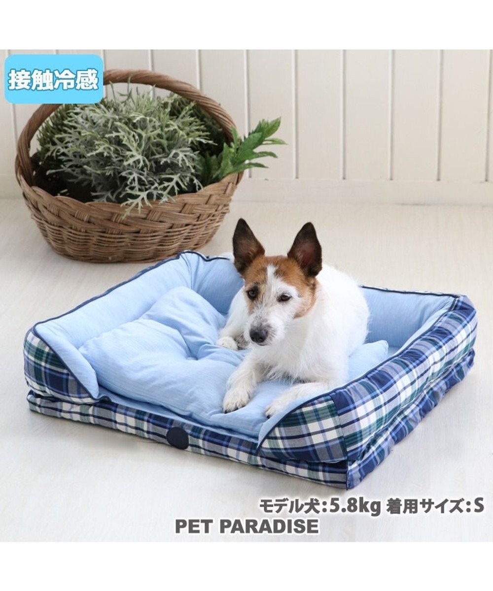 PET PARADISE ペットパラダイス J.PRESS クール 接触冷感 ブラックウォッチ 四角カドラーベッド(60×45cm) 白~オフホワイト