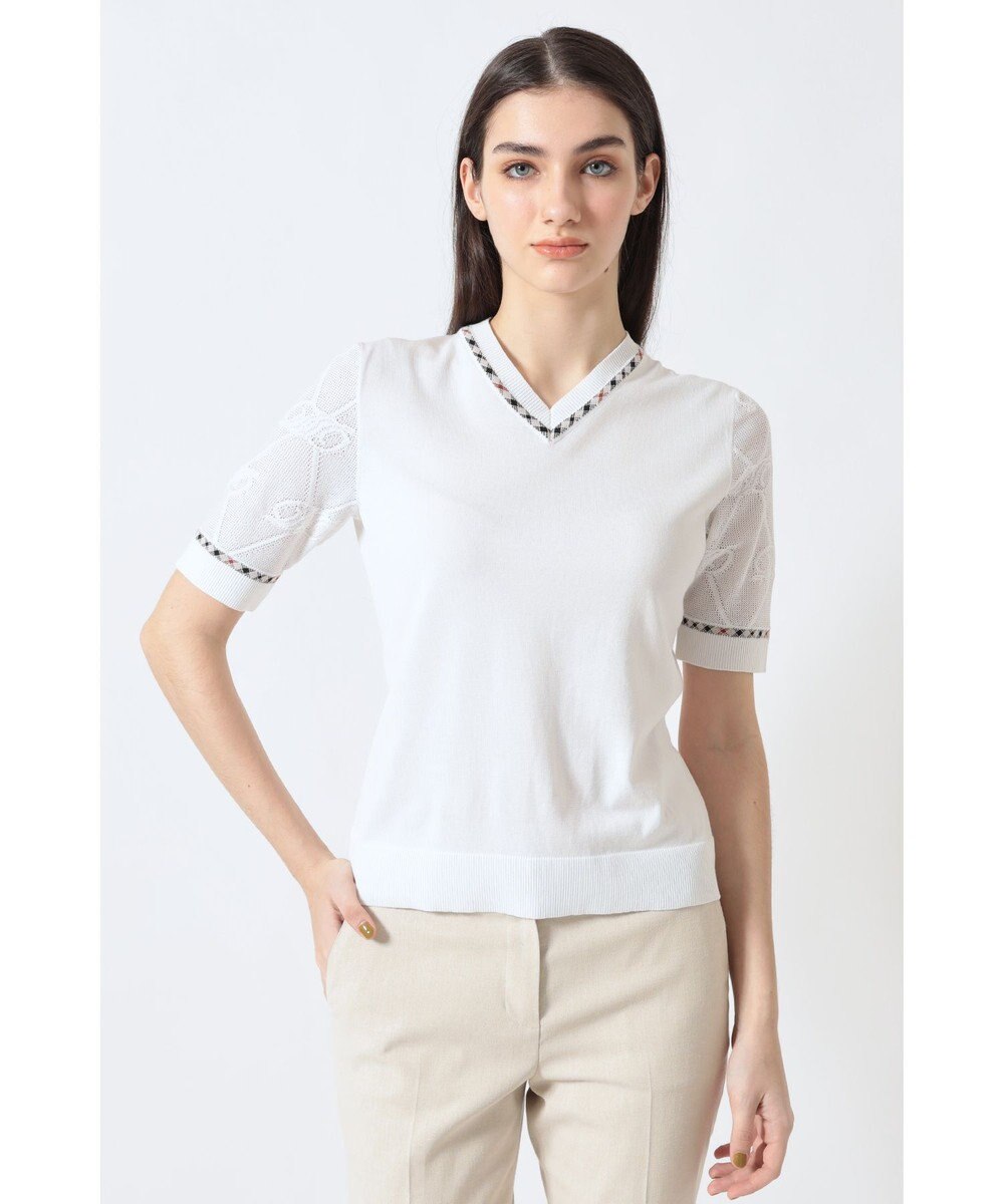 DAKS コットン混ストレッチ ロゴメッシュスリーブ Vネックプルオーバー 