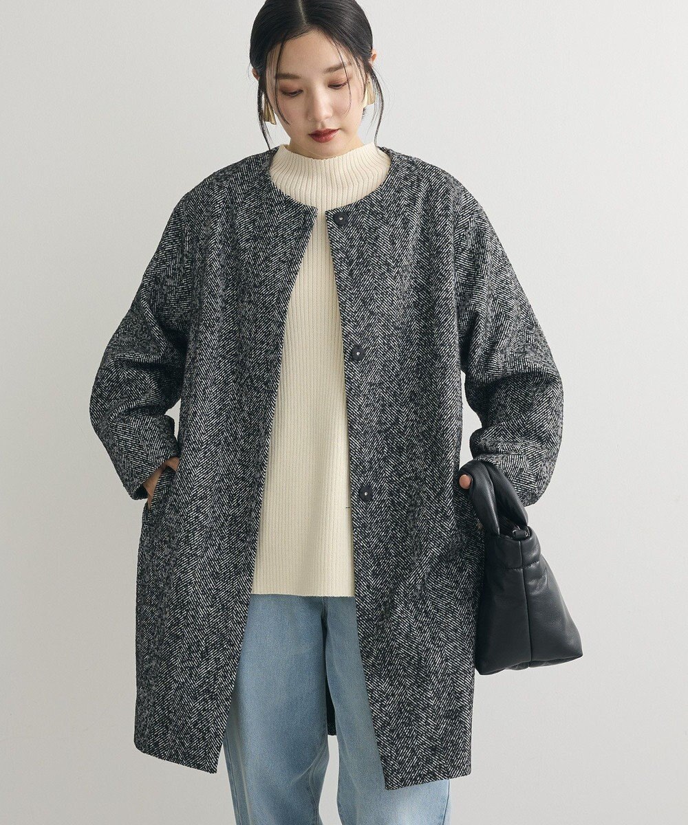 Green Parks ヘリンボーンノーカラーコート 