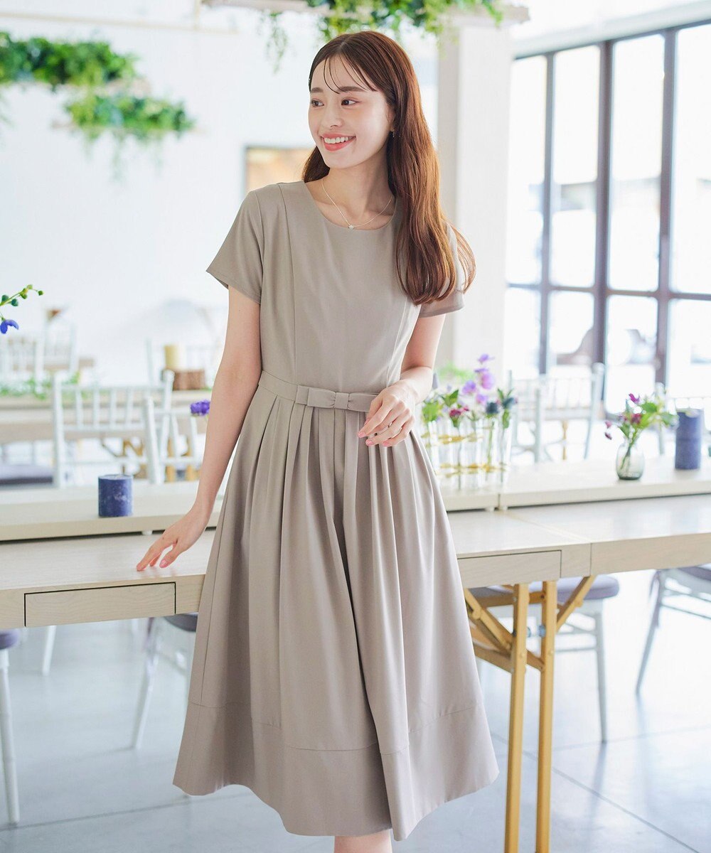 Tiaclasse 【洗える】半袖リボンギャザーフレアワンピース 