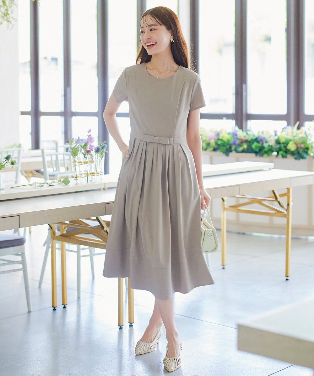 Tiaclasse 【洗える】半袖リボンギャザーフレアワンピース 