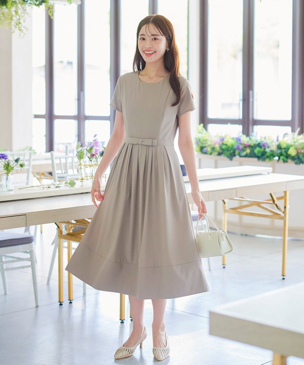 Tiaclasse 【洗える】半袖リボンギャザーフレアワンピース 