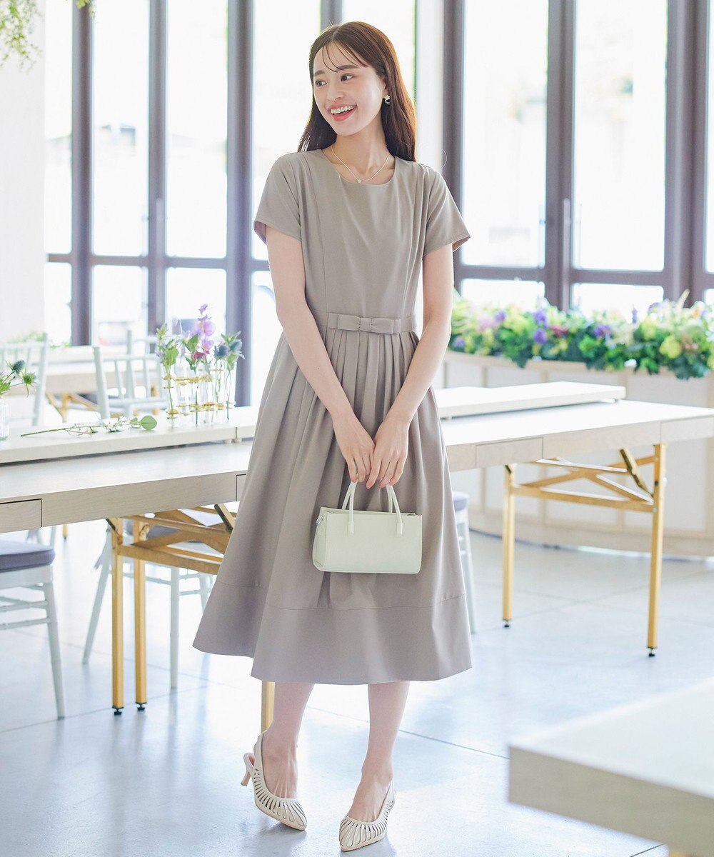 Tiaclasse 【洗える】半袖リボンギャザーフレアワンピース 