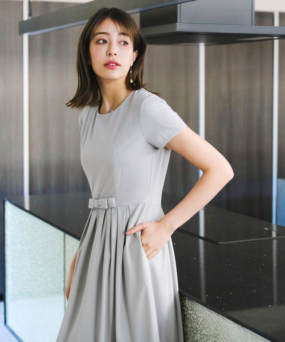 Tiaclasse 【洗える】半袖リボンギャザーフレアワンピース 