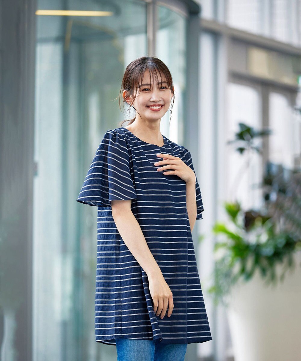 Tiaclasse 【洗える】ランダムボーダーチュニックブラウス 