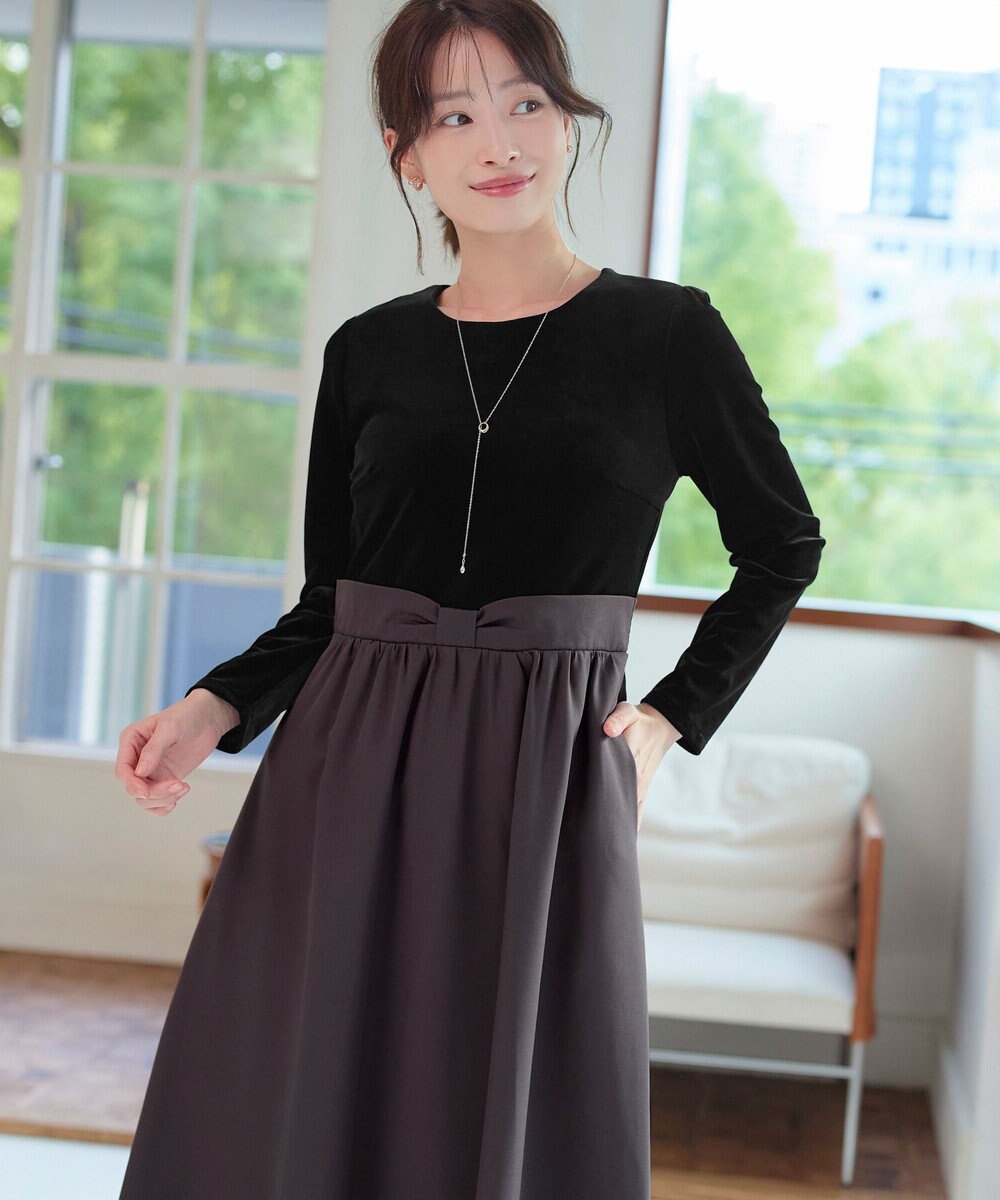 Tiaclasse 【洗える】ベロア異素材ドッキングワンピース 