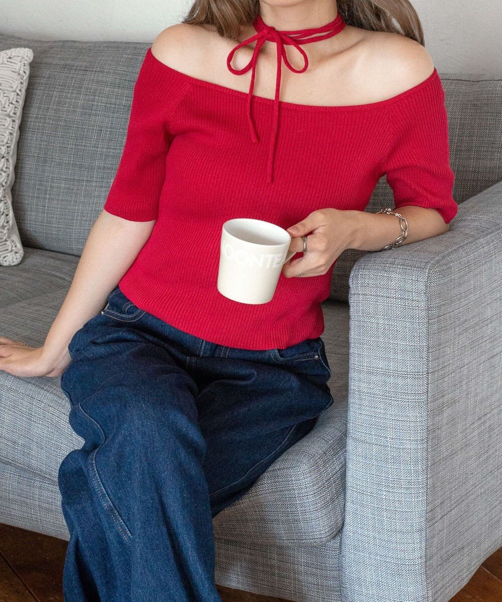 WEGO チョーカーリボン付きオフショルニット 