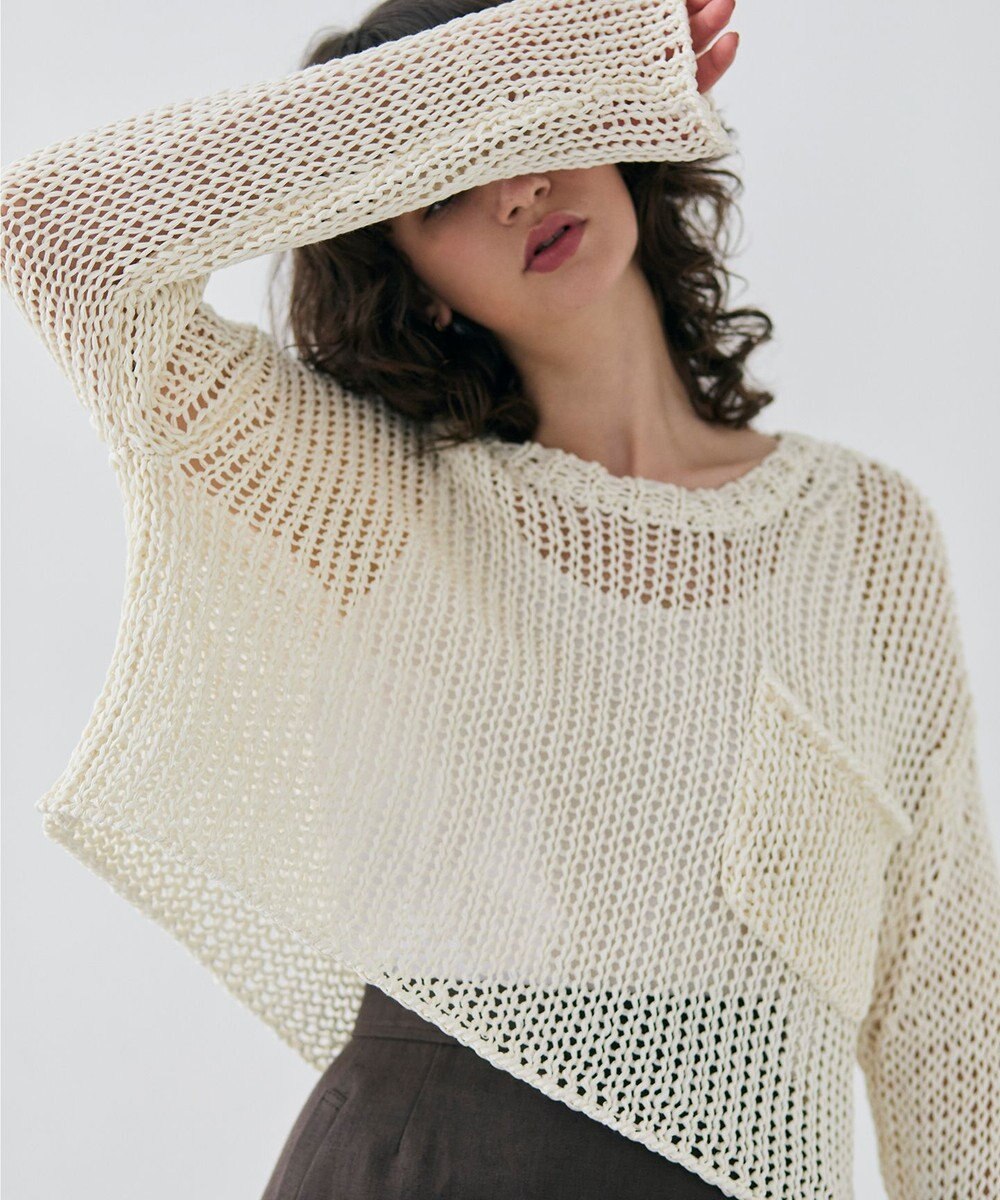 BEIGE， 【洗える・STORY 6月号掲載】THYME / クルーネックコットンメッシュニット 