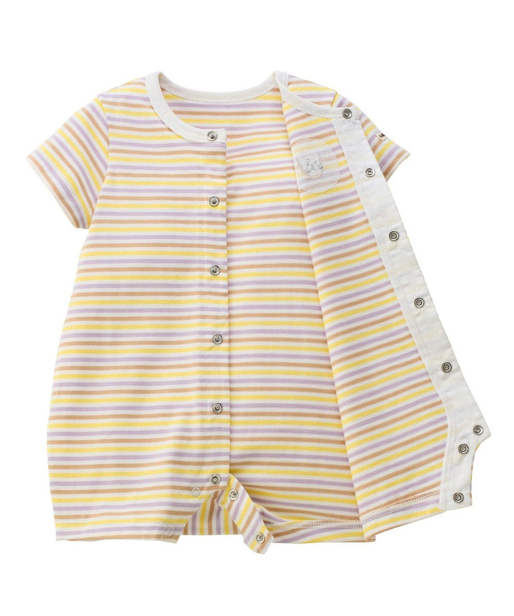 MIKI HOUSE HOT BISCUITS 【70-80cm】 みじんボーダー ワンポイント刺繍 ショートオール 