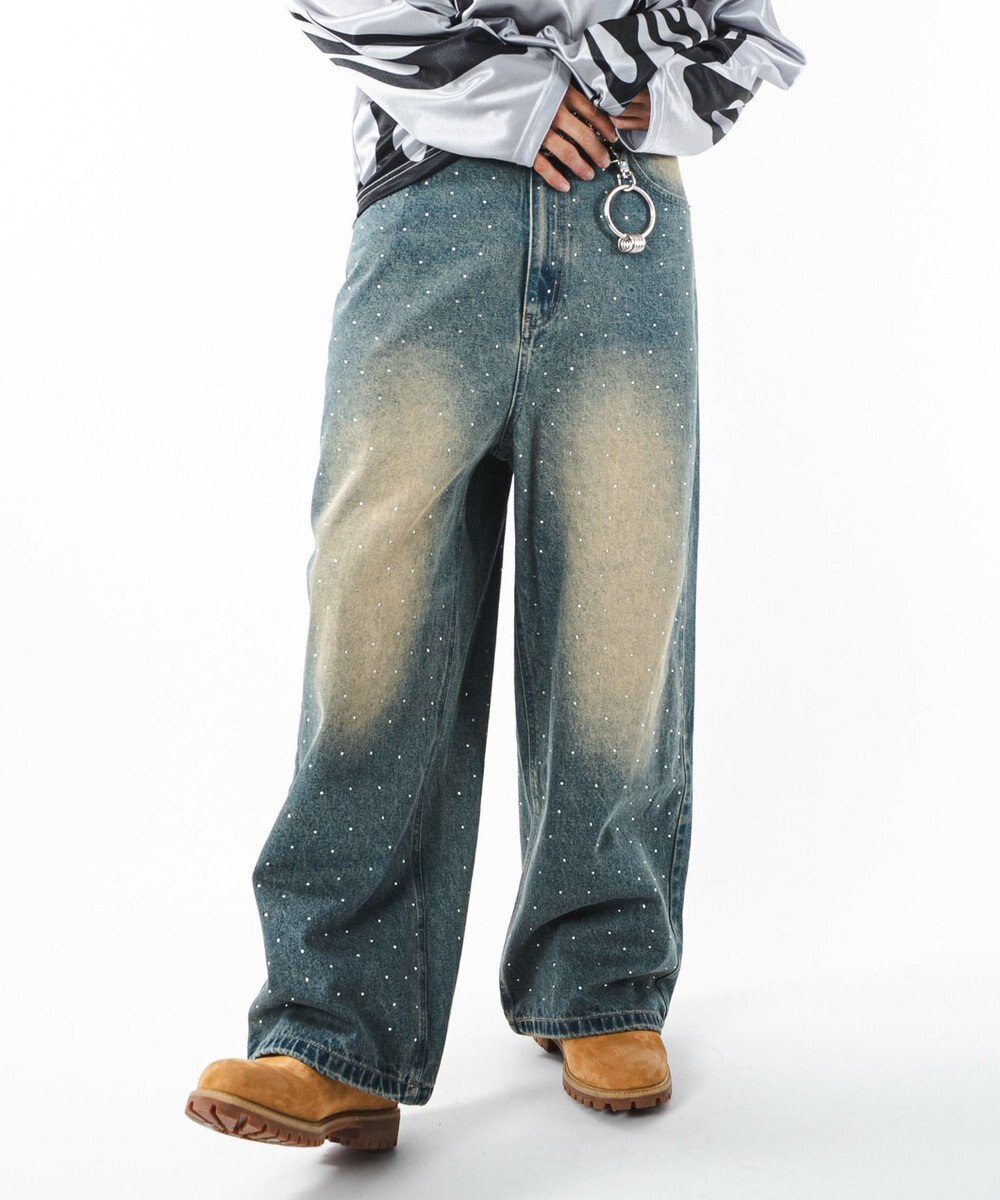 WEGO 【ユニセックス着用ITEM】スーパーバギーラインストーンデニムパンツ 