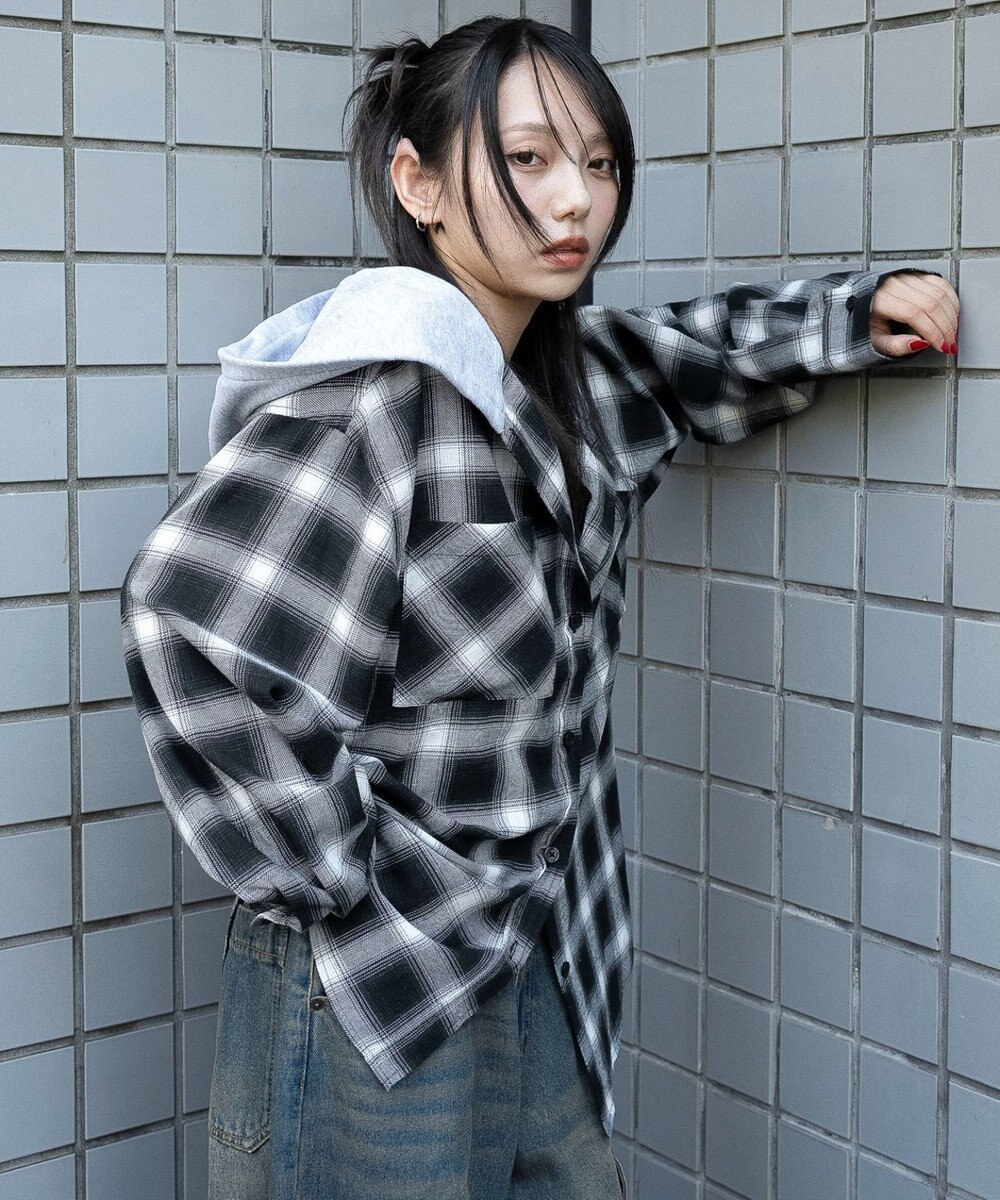 WEGO 裏毛フードチェックシャツ 