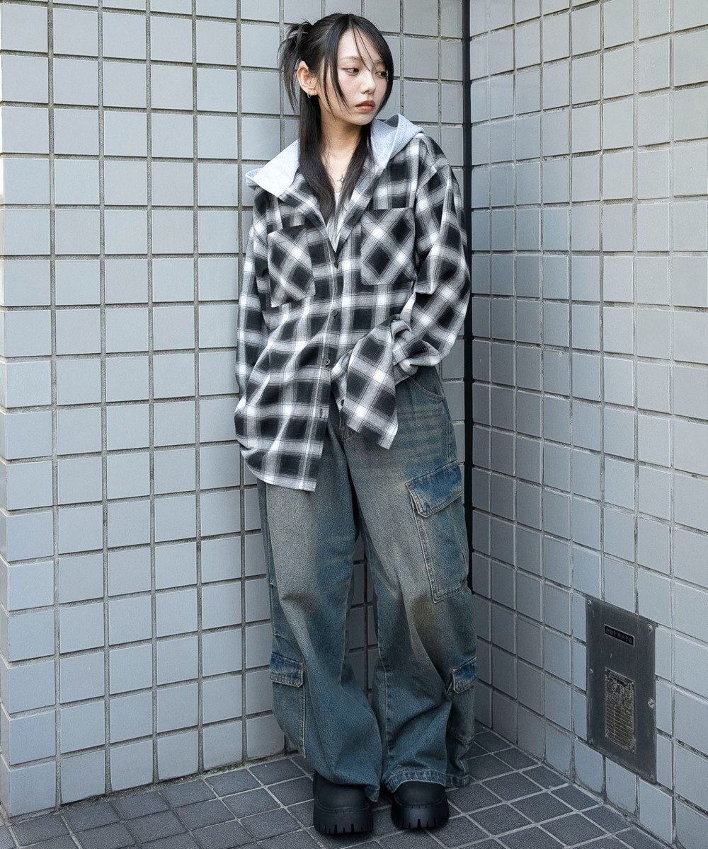 WEGO 裏毛フードチェックシャツ 