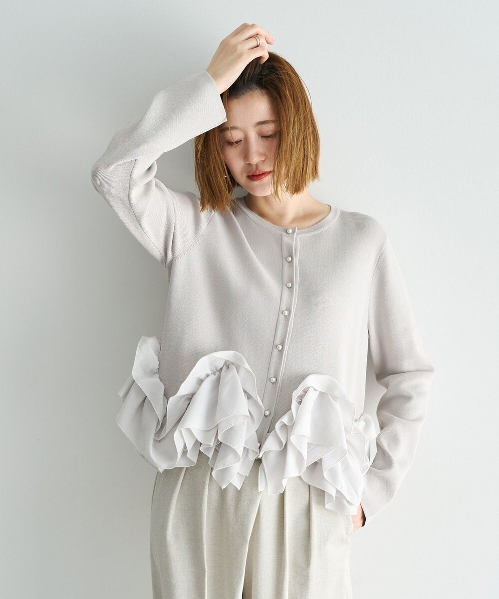 YECCA VECCA パール釦ラッフルカーディガン 