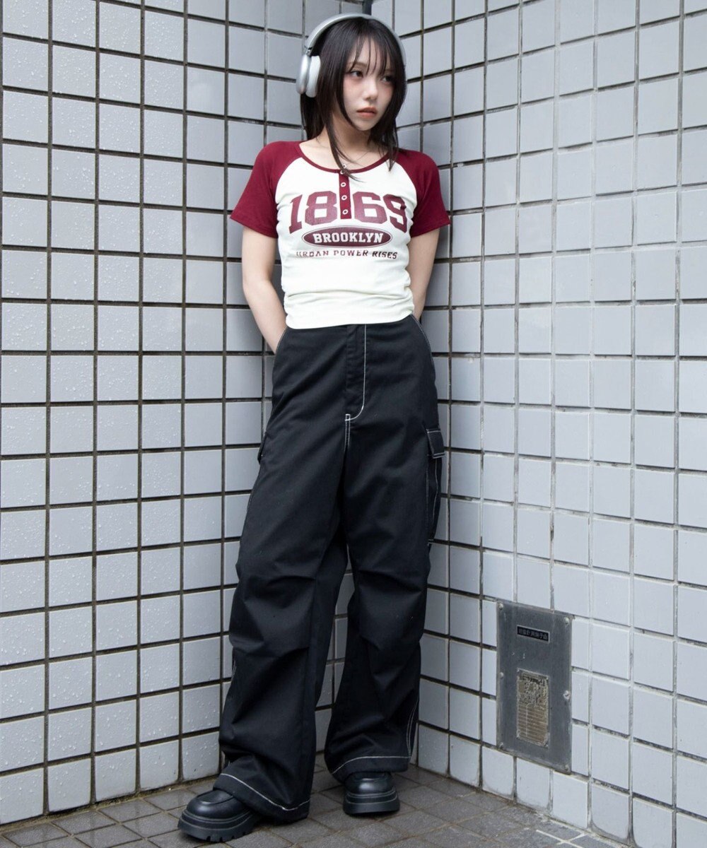 WEGO グラフィックラグランヘンリーネックT 