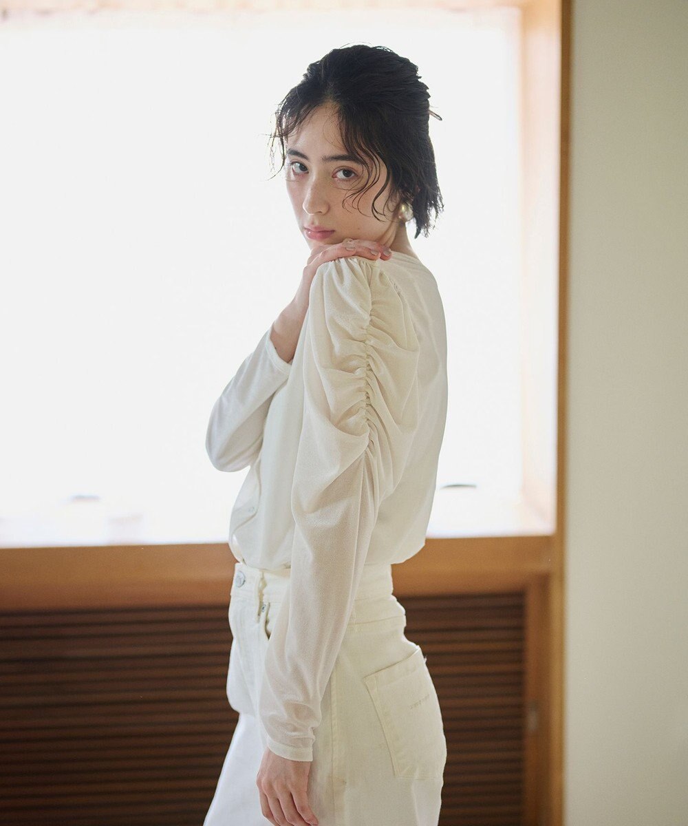 #Newans 【洗濯機可／ 前後着用可】 ギャザースリーブシアーベロアカーディガン 