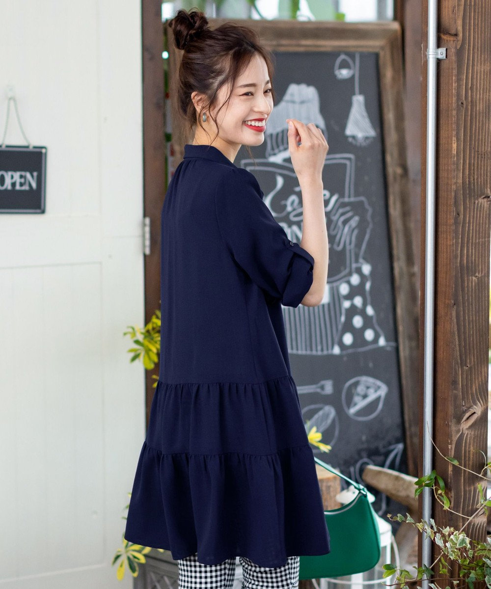 Tiaclasse L 【洗える】1枚で大人華やぐ2段ティアードシャツチュニック 