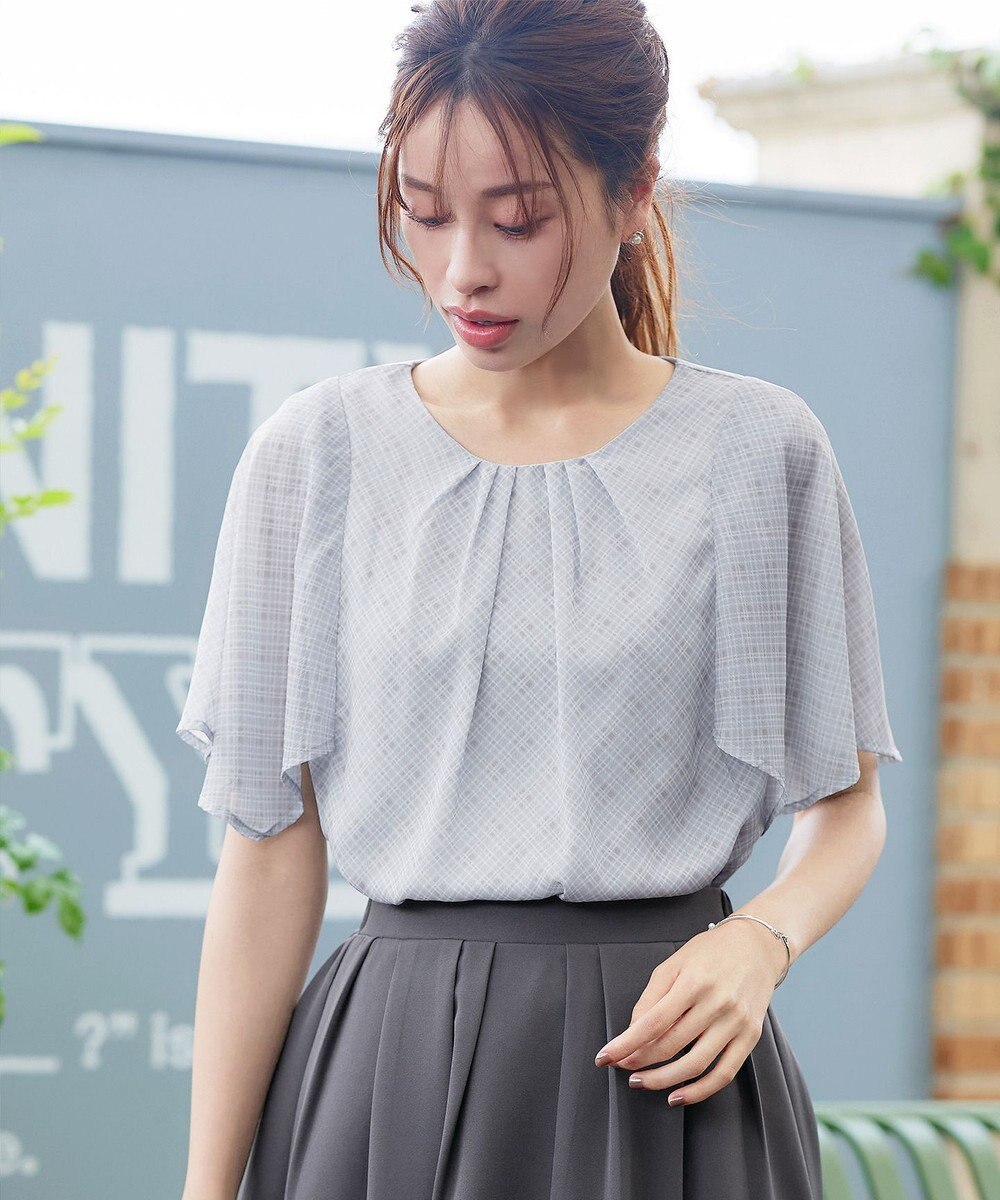 Tiaclasse 【洗える】チェック柄ハンカチスリーブブラウス 
