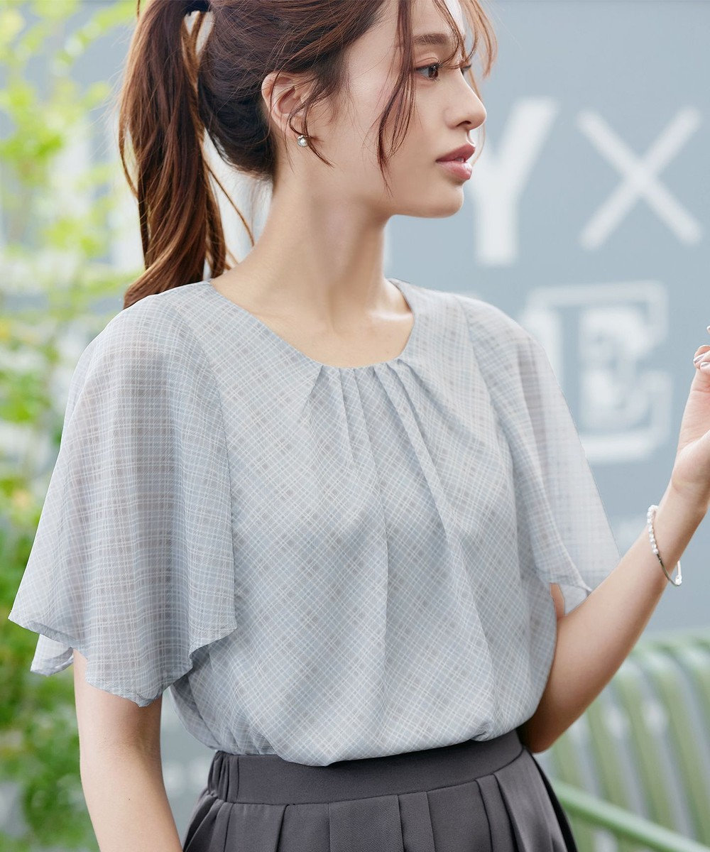 Tiaclasse 【洗える】チェック柄ハンカチスリーブブラウス 