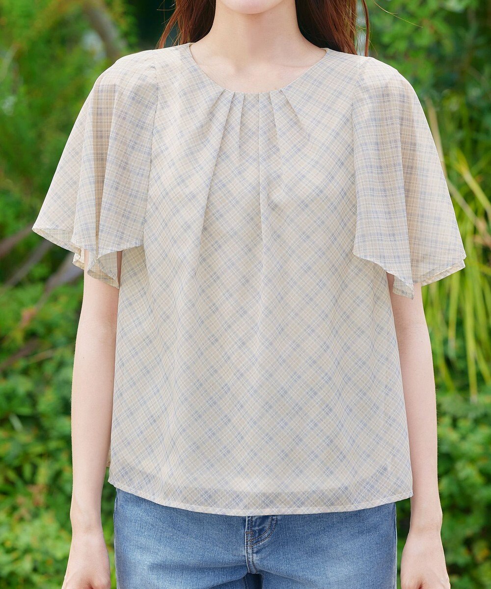 Tiaclasse 【洗える】チェック柄ハンカチスリーブブラウス 