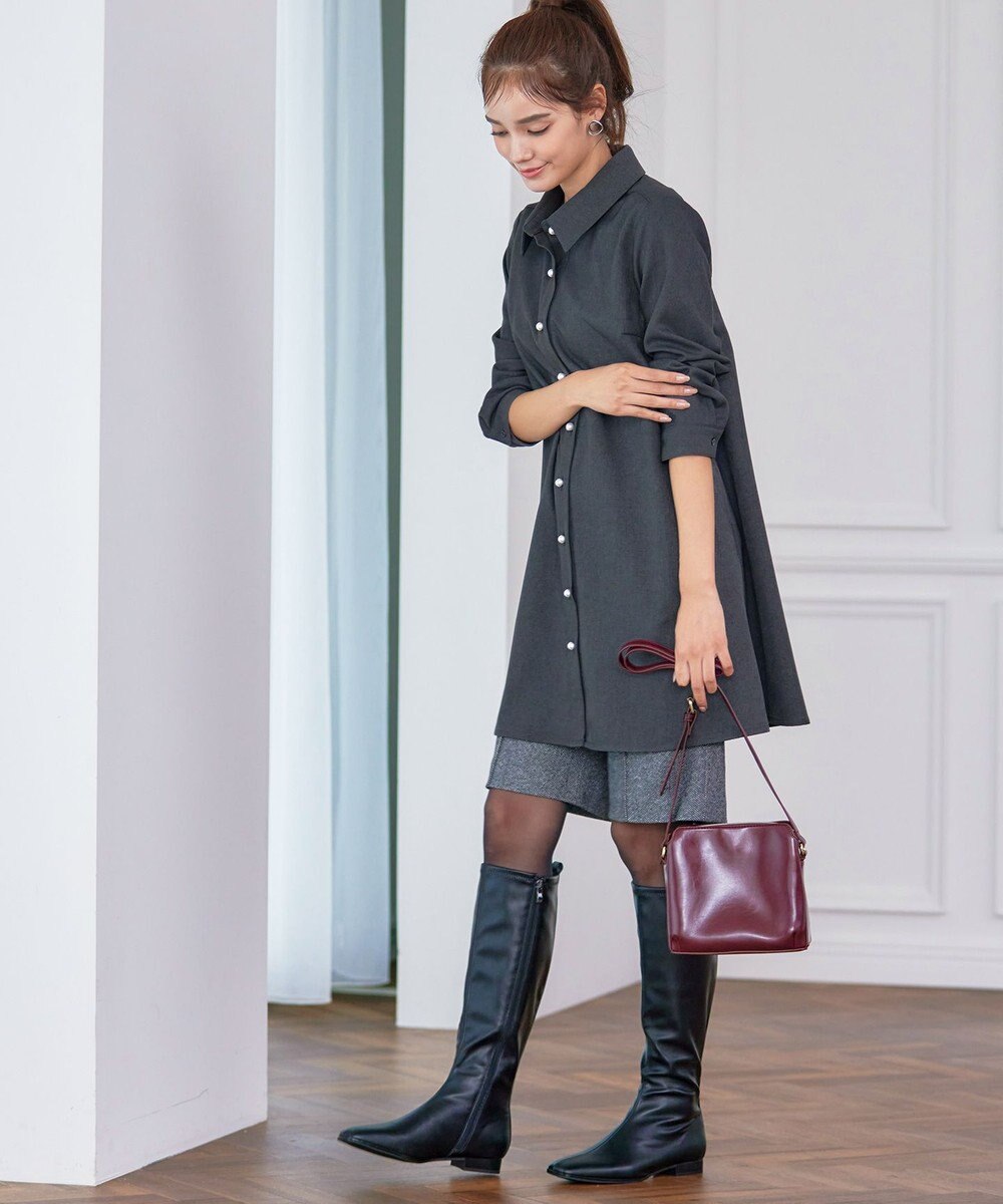 Tiaclasse 【洗える】ウール調パールボタンシャツチュニックブラウス 