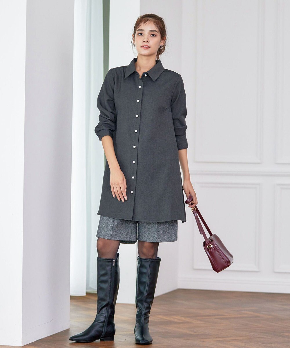 Tiaclasse 【洗える】ウール調パールボタンシャツチュニックブラウス 