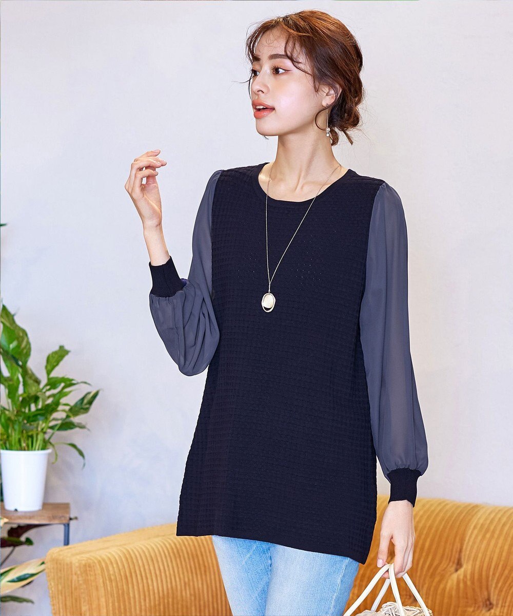 Tiaclasse L 【新色追加・洗える】シアーチェック柄ニットチュニック 