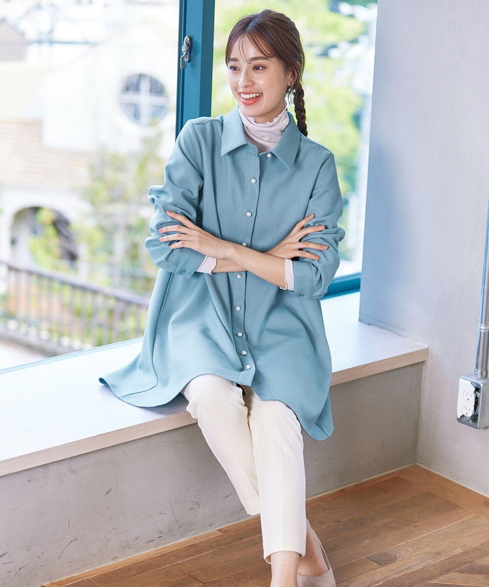 Tiaclasse 【洗える】ウール調パールボタンシャツチュニックブラウス 