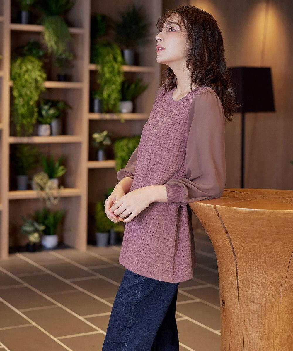 Tiaclasse L 【新色追加・洗える】シアーチェック柄ニットチュニック 