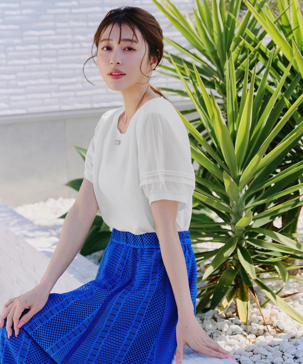 Tiaclasse L 【洗える】シアーチェック柄パフスリーブブラウス 